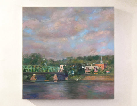 Large Oil Painting of Lambertville, NJ viewed from New Hope, PA