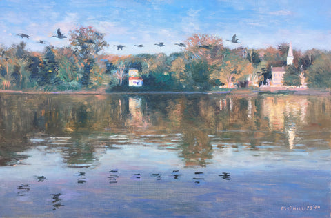 Lambertville View with Geese Oil Painting