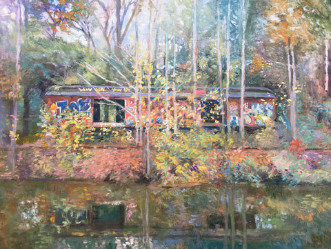 Train Car in the Woods Oil Painting
