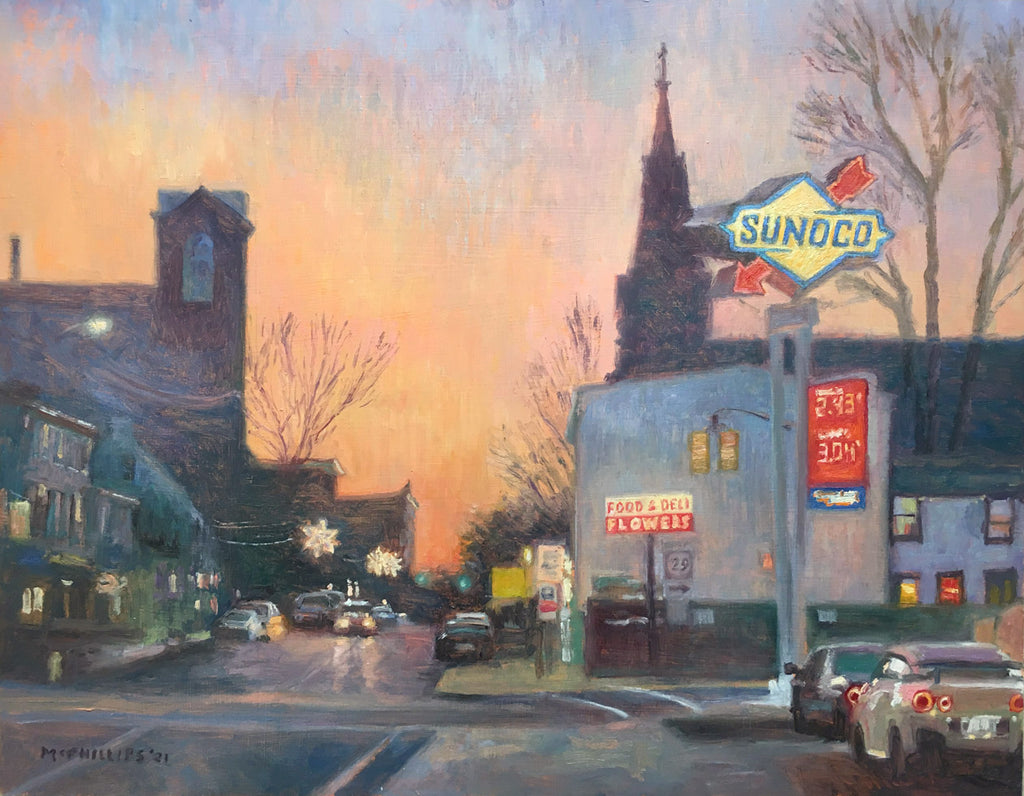 Winter Sunset, Lambertville.  Oil Painting by James McPhillips